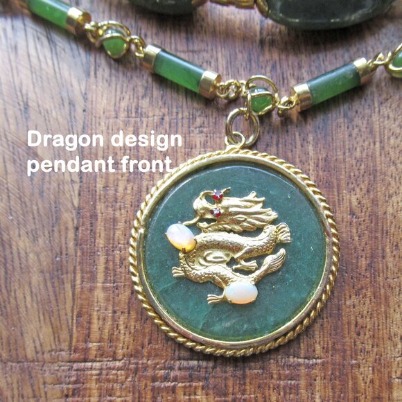 VTG Asian dragon pendant, Double strand necklace, Faux jade, opal, ruby w/ gold - Picture 10 of 12